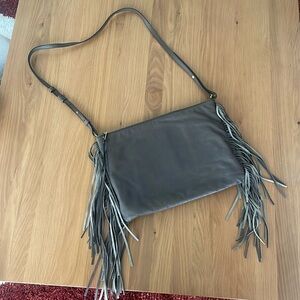Gray leather Banana Republic crossbody bag with fringe